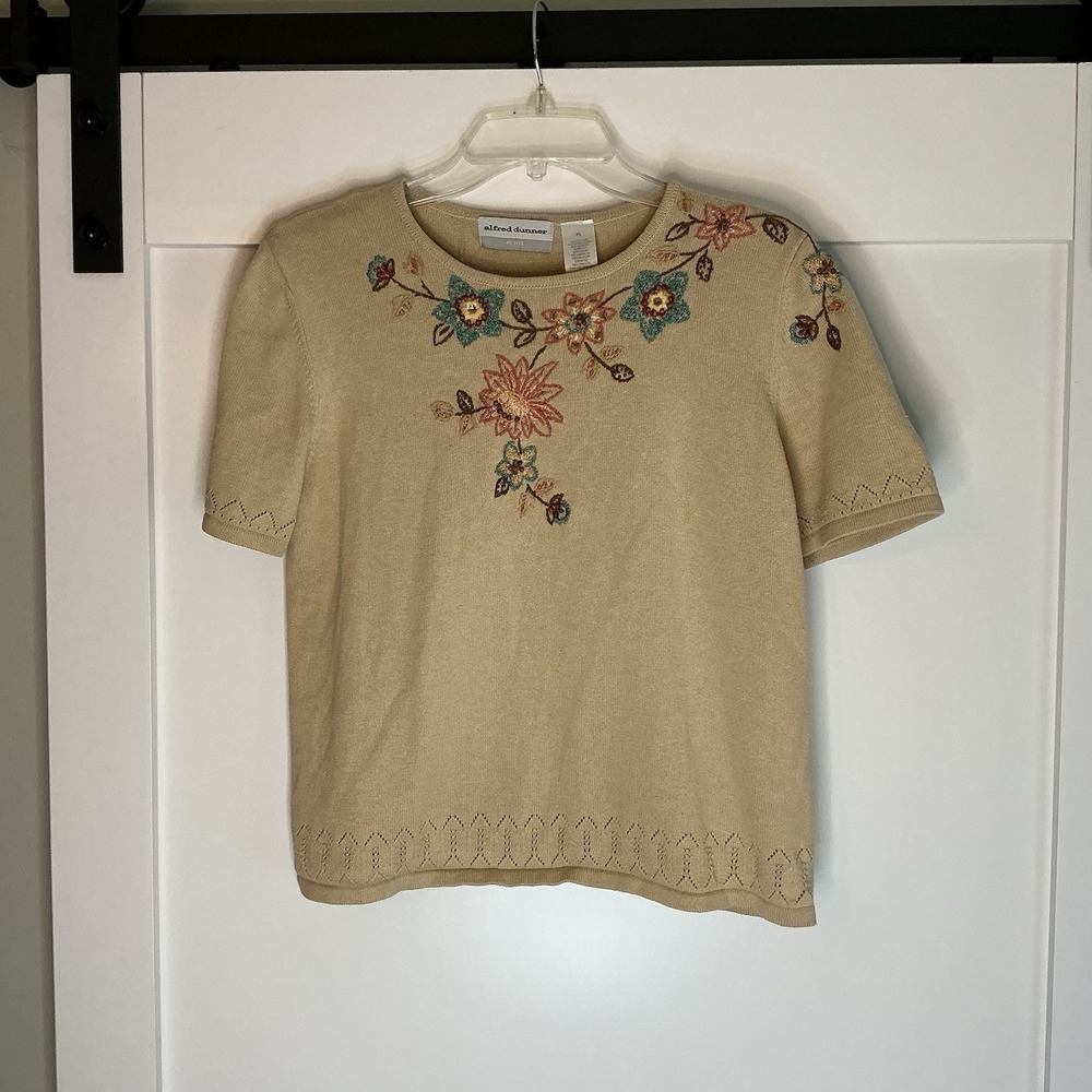Vtg Alfred Dunner Sweater Petite Large Beige Floral Embroidered Grandmacore